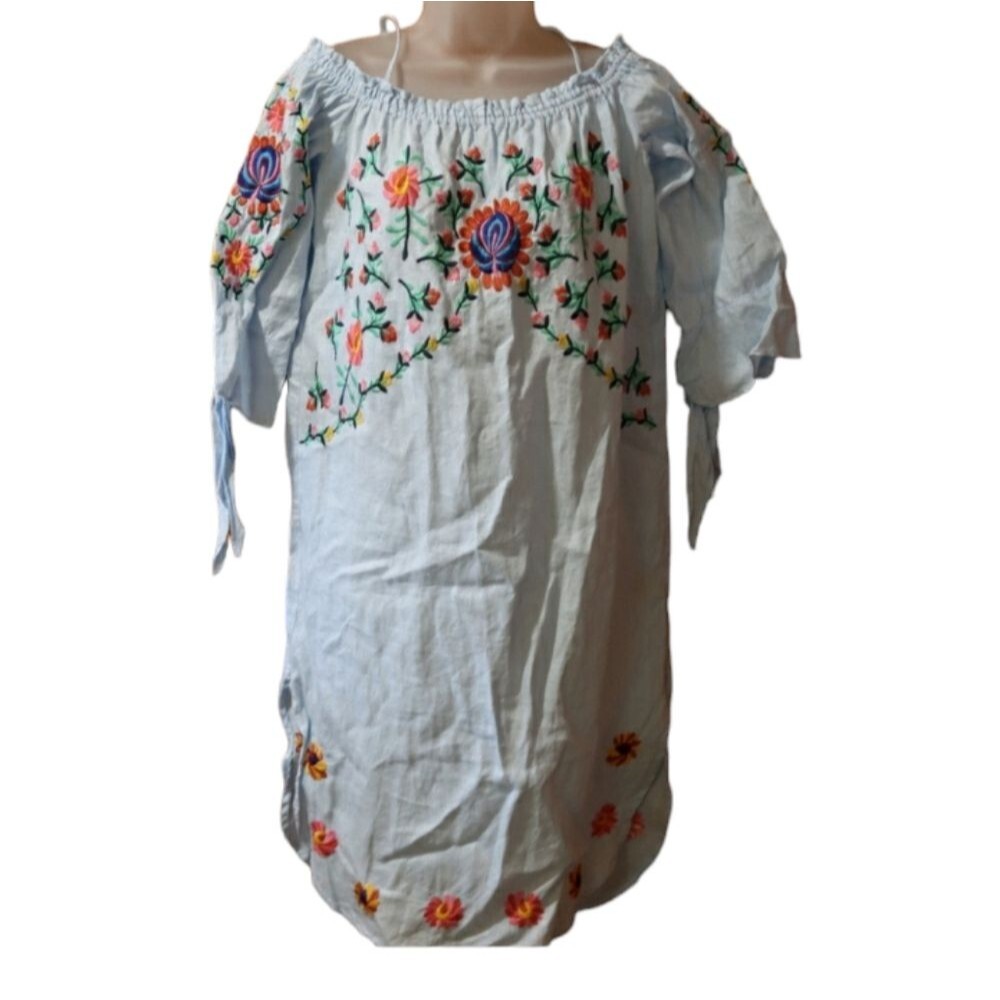 Philosophy Blue Chambray Off-Shoulder Embroidered Floral Dress Medium